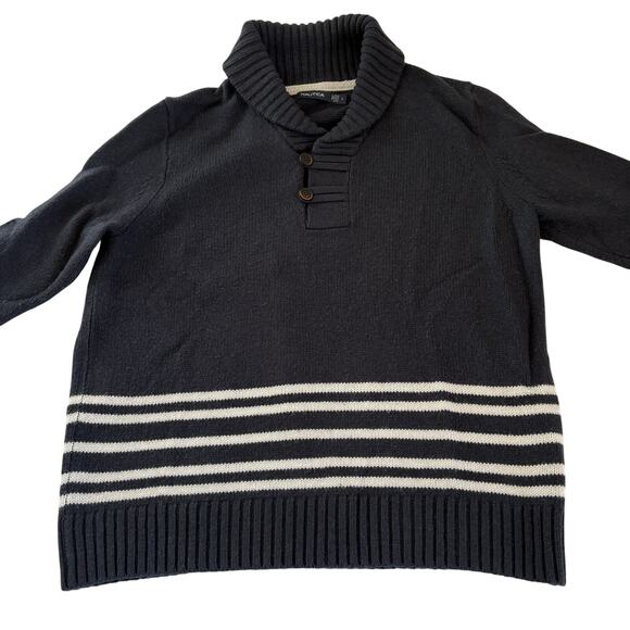 Nautica Sweater Men's Large Navy Blue Pullover Shawl Neck 2 Button White Stripes - Picture 2 of 10